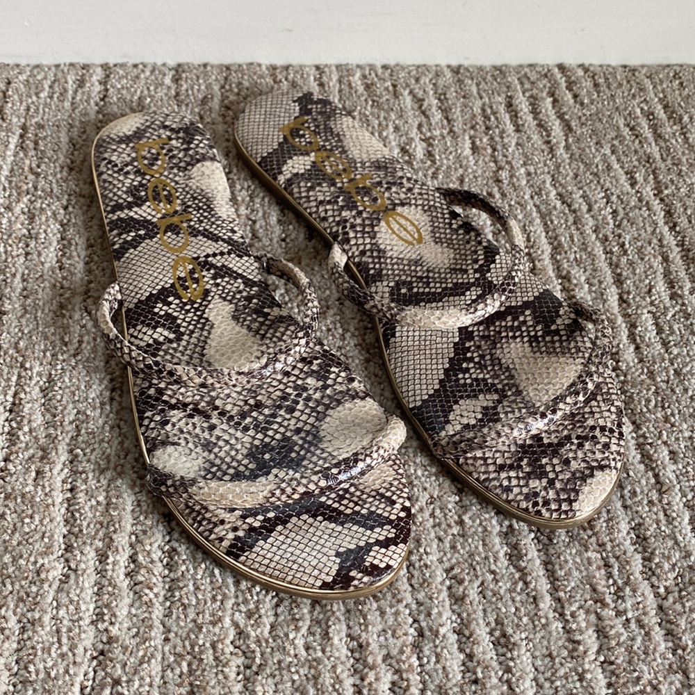 New Bebe “Issy” Snake Print Sandals